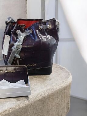Dooney & Bourke Deep Purple Croc-Embossed Leather Bucket Bag with Red Interior